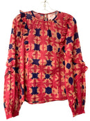 BANJANAN Raspberry/Navy/Peach Print w/Ruffle Detail L/S Top