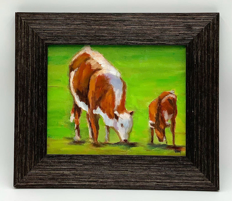 Carol Dew Oil on Canvas of Cows in Wood Frame