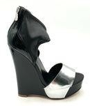 ALEJANDRO INGELMO Black Silver Leather Patent Leather Luna Wedge Sandals 39
