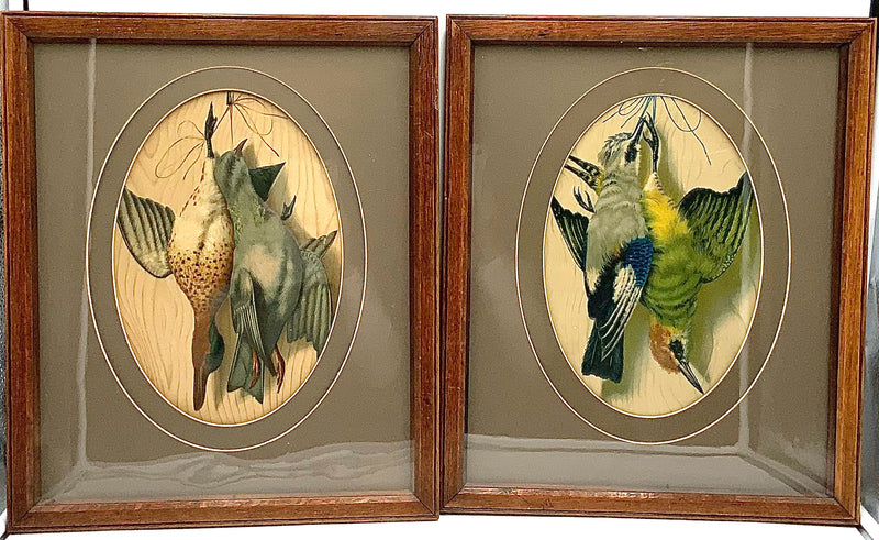 Pair of Antique "Nature Mortes" Paintings of Birds on Wood