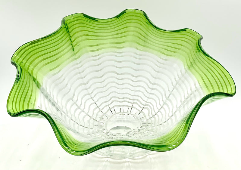 Handblown Green & White Ruffled Art Glass Bowl