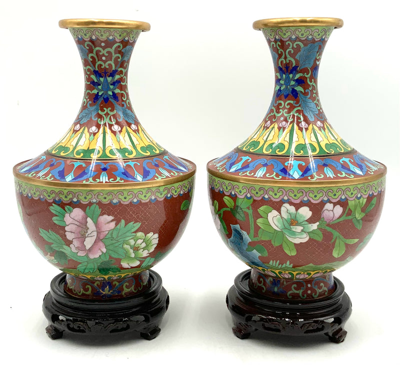 Pair of  Cloisonne Vases with Wood Stands