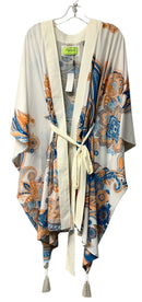 MYSTIQUE Handmade Ivory Blue Orange Paisley Floral Chiffon Belted Kimono