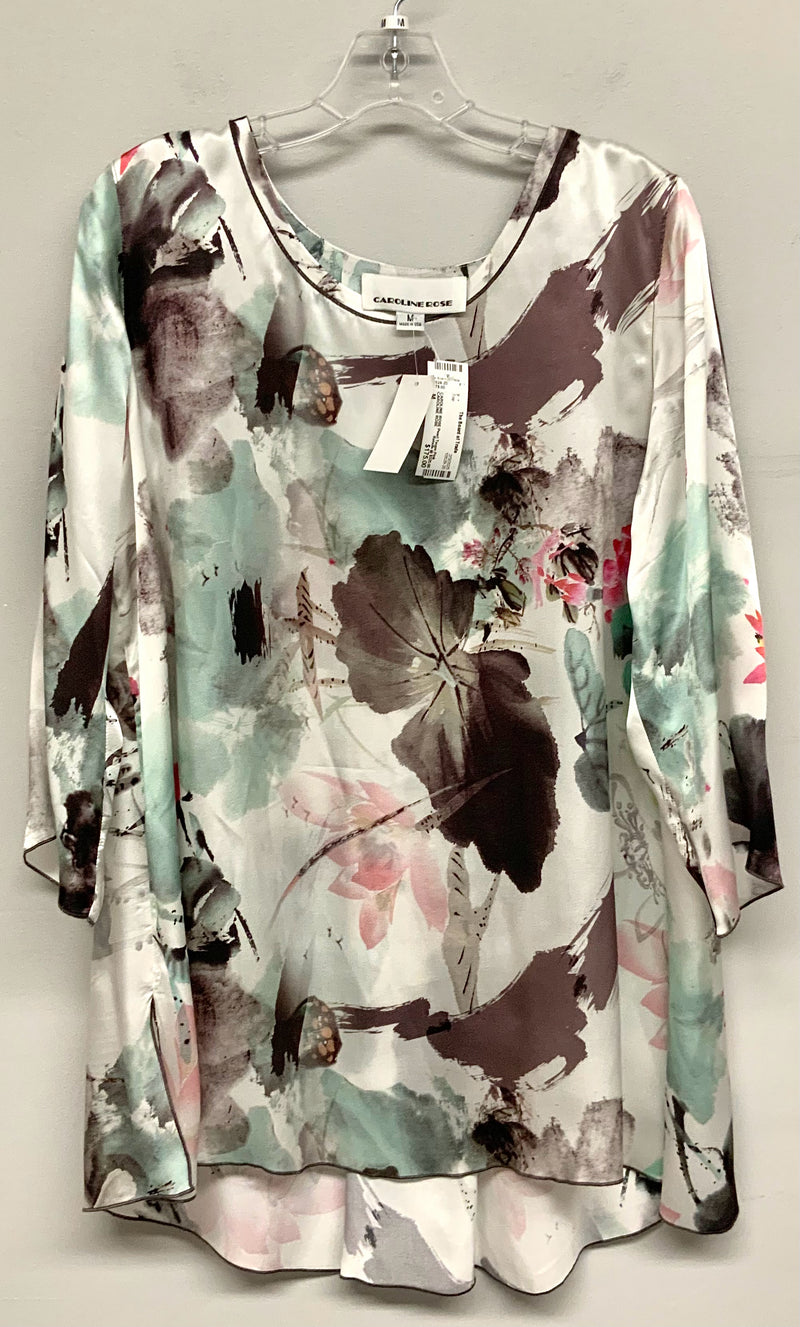 CAROLINE ROSE Pearl Taupe Pink Mint Floral Silk Tunic Top