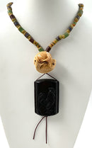 Powder Glass Bead Necklace w/Carved Wood Inro & Netsuke Pendant