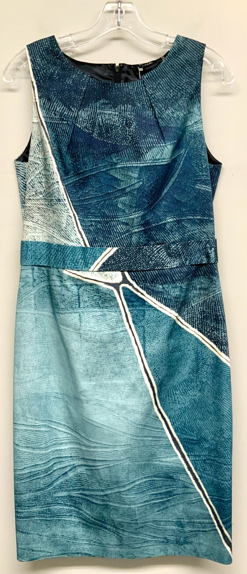 E TAHARI Blue Teal White Abstract Print S/L Sheath Dress