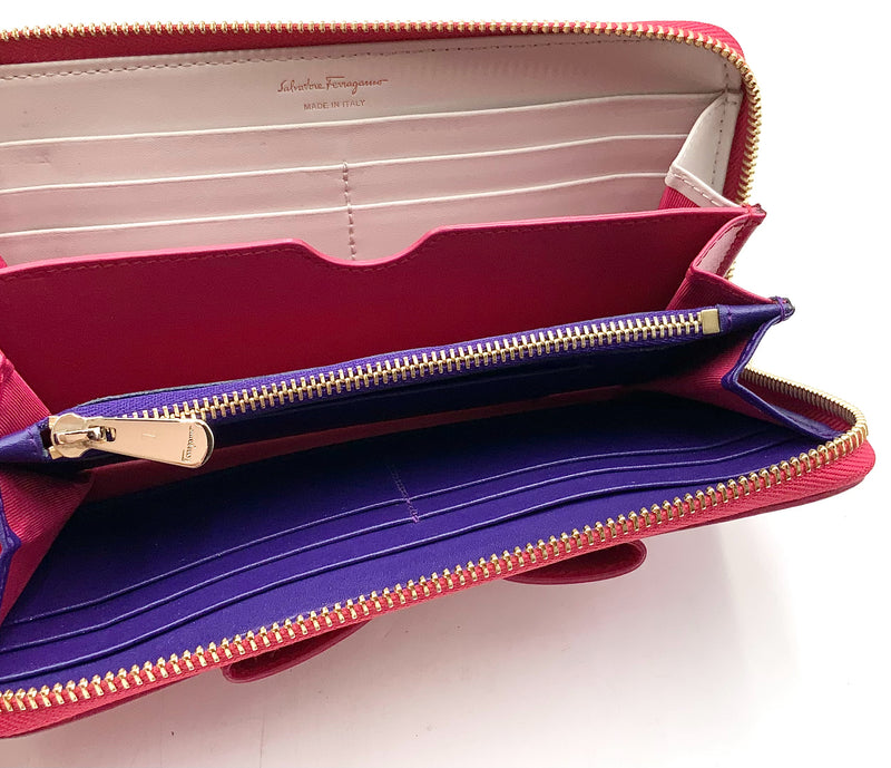 FERRAGAMO Pink Leather Vara Bow Continental Wallet