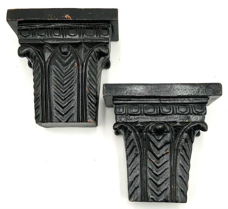 Pair of Black Column Pediment Wall Shelves