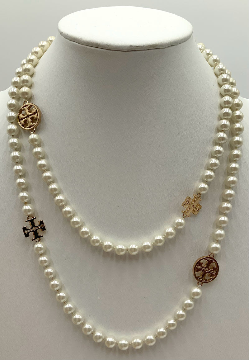 TORY BURCH Gold Tone Pearl Logo Long Necklace