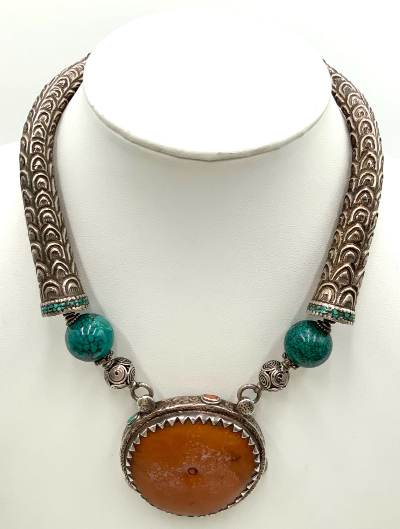 Tibetan Sterling, Amber, Turquoise & Coral Necklace