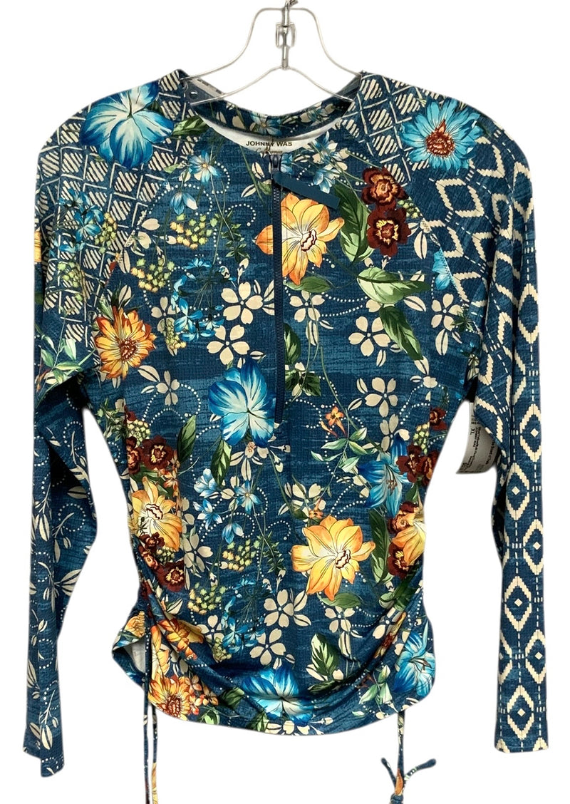JOHNNY WAS Blue/Yellow/Multi Floral Drawstring Sides 1/2 Zip Top