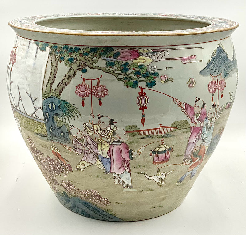 Asian Fishbowl on Wood Stand with Figural Design