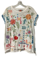 JOHNNY WAS White w/Multi Floral Embroid S/S Knit Top