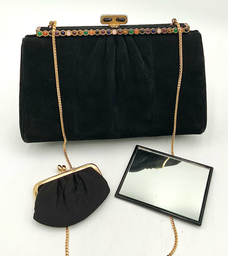 JUDITH LEIBER Vintage Black Suede Semi Precious Frame Chain Bag