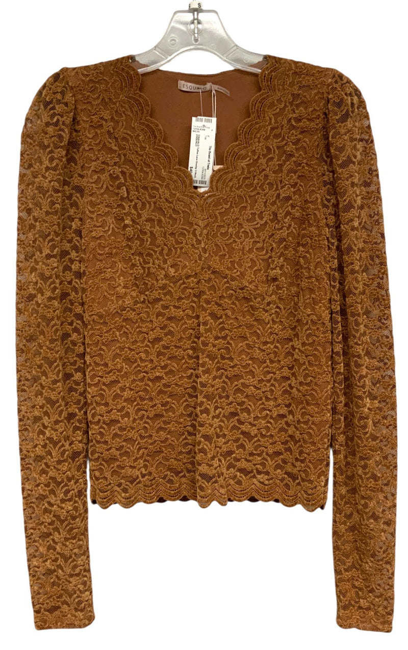 ESQUALO Toffee Lace Overlay V-Neck L/S Top