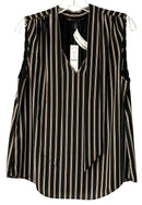 WHBM Black/Tan/White Stripe Tie Neck S/L Top