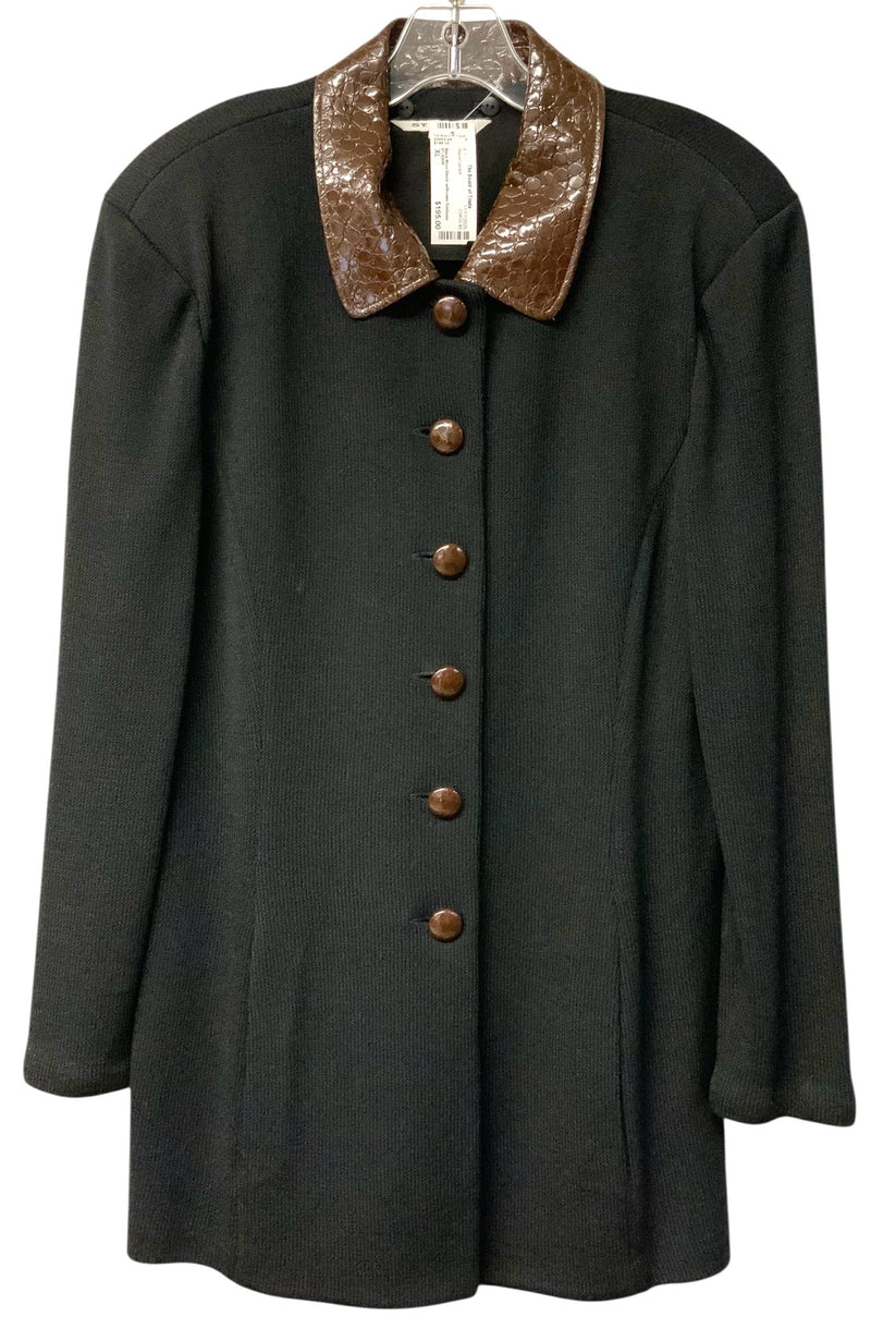 ST JOHN Black Wool Blend w/Brown Emboss Lea Detachable Collar Coat