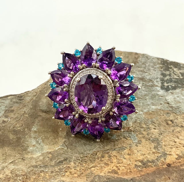 D'Joy Sterling, Natural Amethyst, Apatite & Zircon Ring