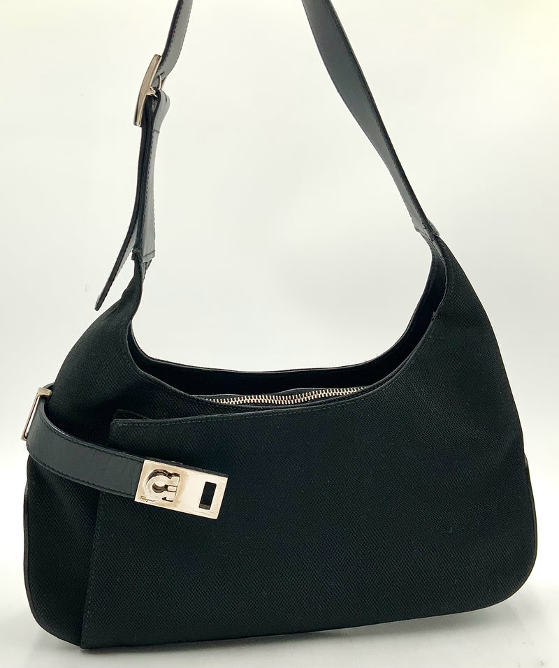 FERRAGAMO Black Leather Textured Fabric Gancini Hobo Bag