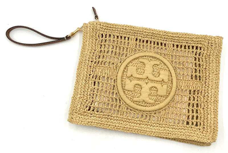 TORY BURCH Natural Raffia Reva Logo Ella Zip Clutch