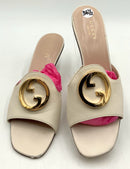 GUCCI White Leather Goldtone GG Logo Silver Heel Blondie Slide Sandals 36.5