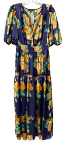 CURRENT AIR Blue Orange Floral Smocked Waist Puff Slv Maxi Dress