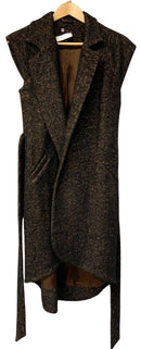 ELEGANZA CLUB Black Tan Textured Tweed Belted Long Vest