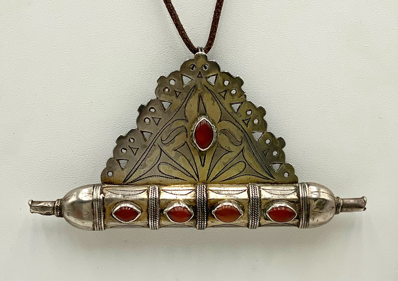 Sterling, Carnelian & Leather Turkmen/Turkoman Pendant/Amulet