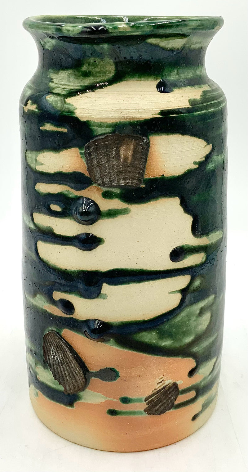 Japanese Green Glaze Ikebana Vase with Shell Fragments