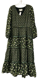 Anthropologie Black/Green/White Floral w/Multi Braided Trim Maxi Dress