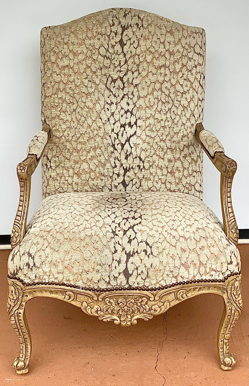 Carved Wood Armchair with Neutral Animal Print Upholstery