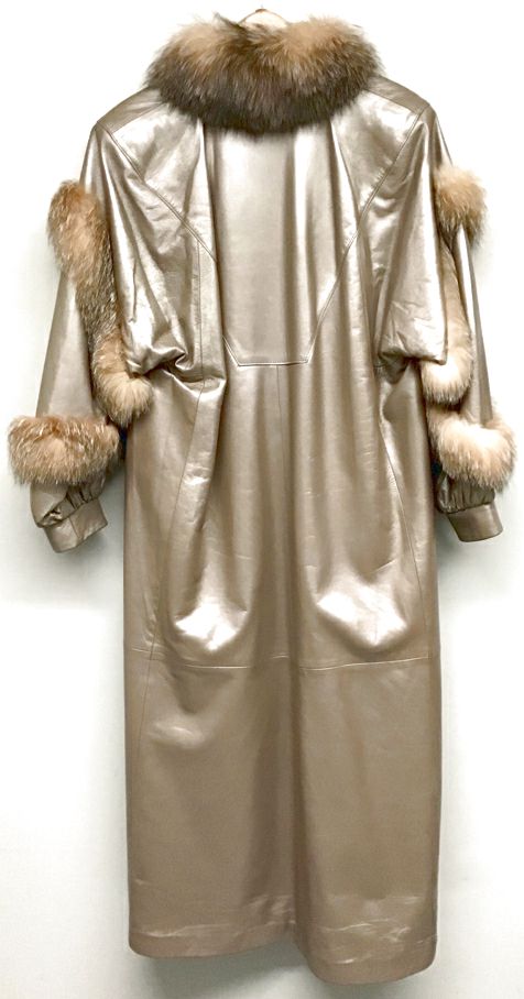 Taupe Metallic Leather Fox Fur Tuxedo Trim Balloon Sleeve F/L Coat.