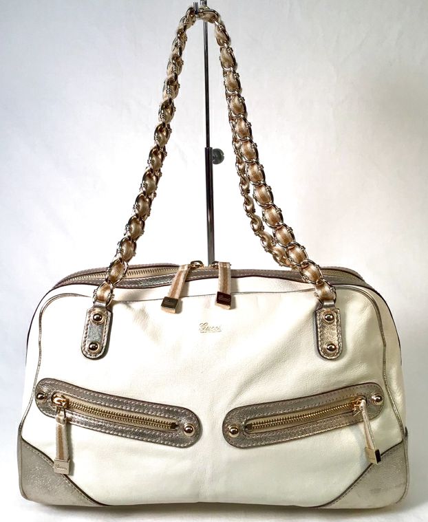 GUCCI White Leather Gold Trim Ribbon Chain Capri Bowler Bag