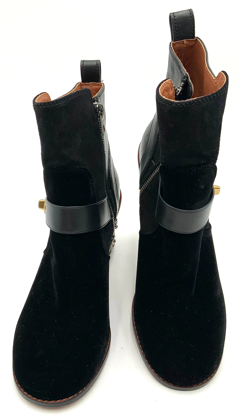 COACH Black Leather/Suede Tea Rose Flower Metal Embellished Heel Bootie 10