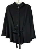 ST JOHN Black Knit Textured Button Belted Cape