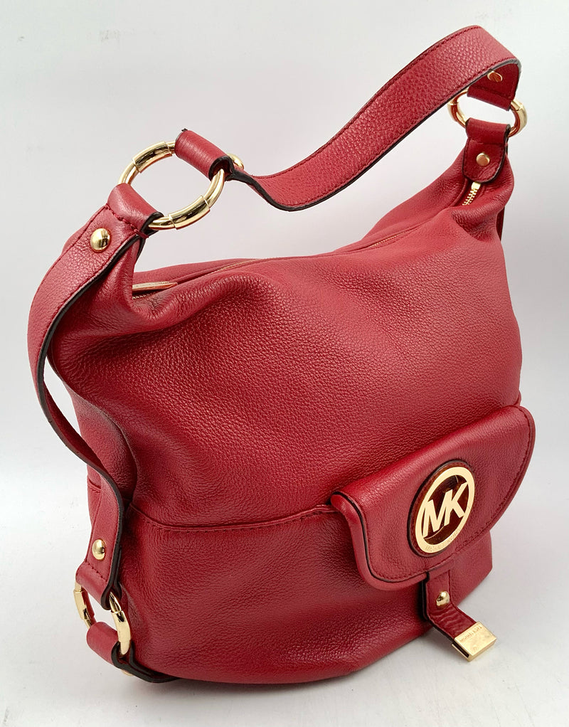 MICHAEL KORS Red Leather Fulton Hobo Bag