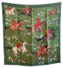 HERMES Vintage Green Brown Red Silk "La Poursuite" Scarf