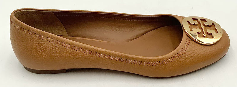 TORY BURCH Tan Leather Goldtone Logo Flats 8