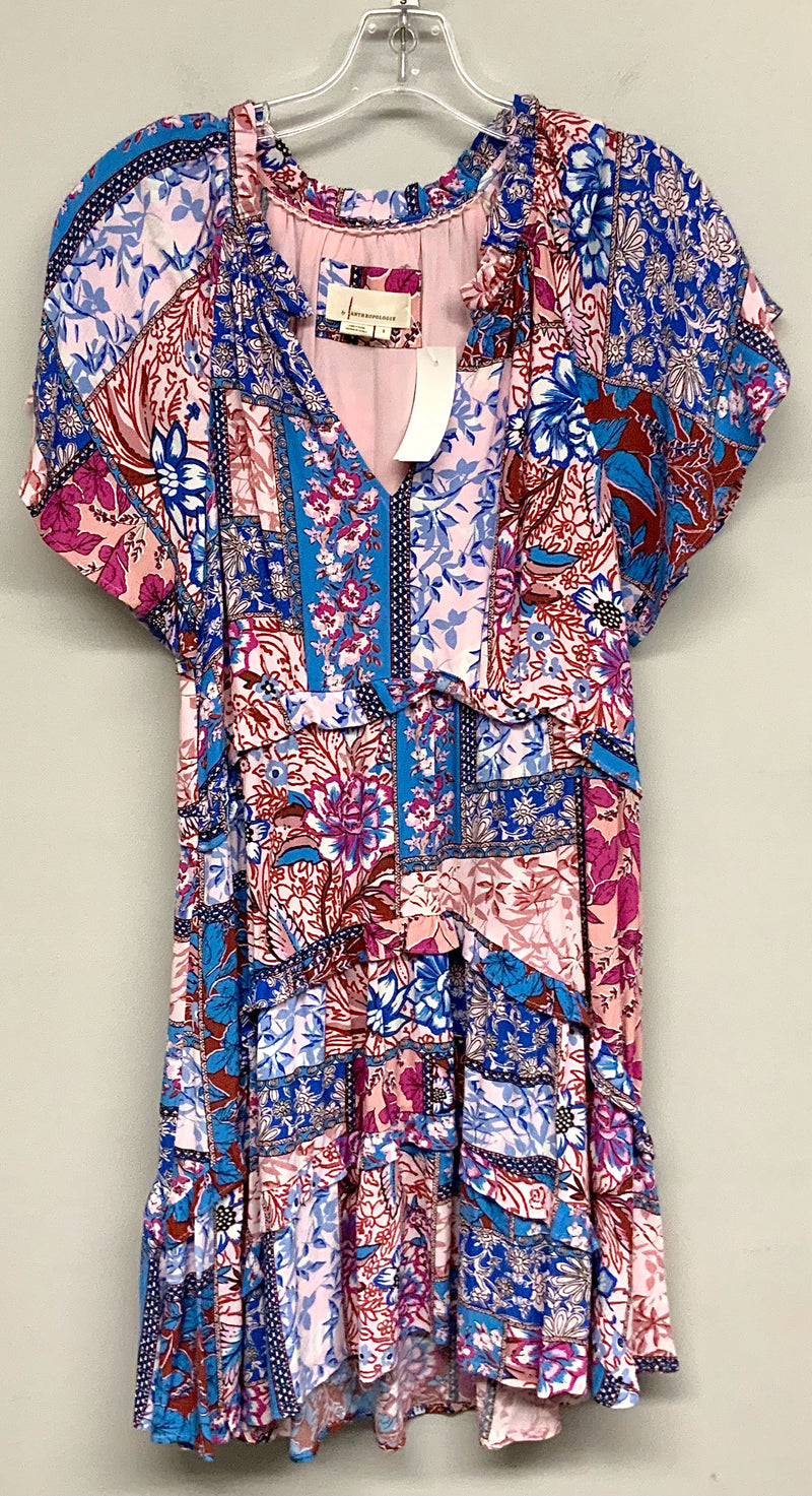 Anthropologie Pink/Blue/Mauve Floral Flutter Sleeve V-Neck Dress