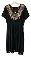 JOHNNY WAS Black w/Multi Floral Embroid Smocked Waist S/S Dress