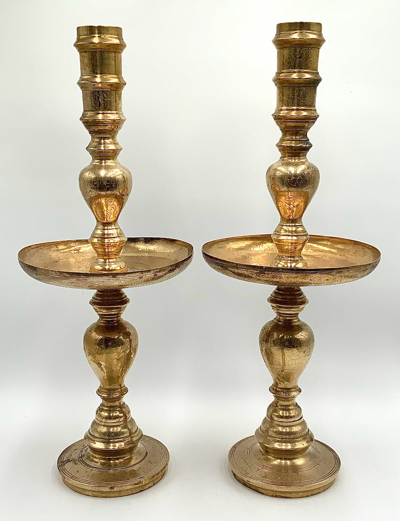 Pair of Chunky Brass Candlesticks with Etched Design