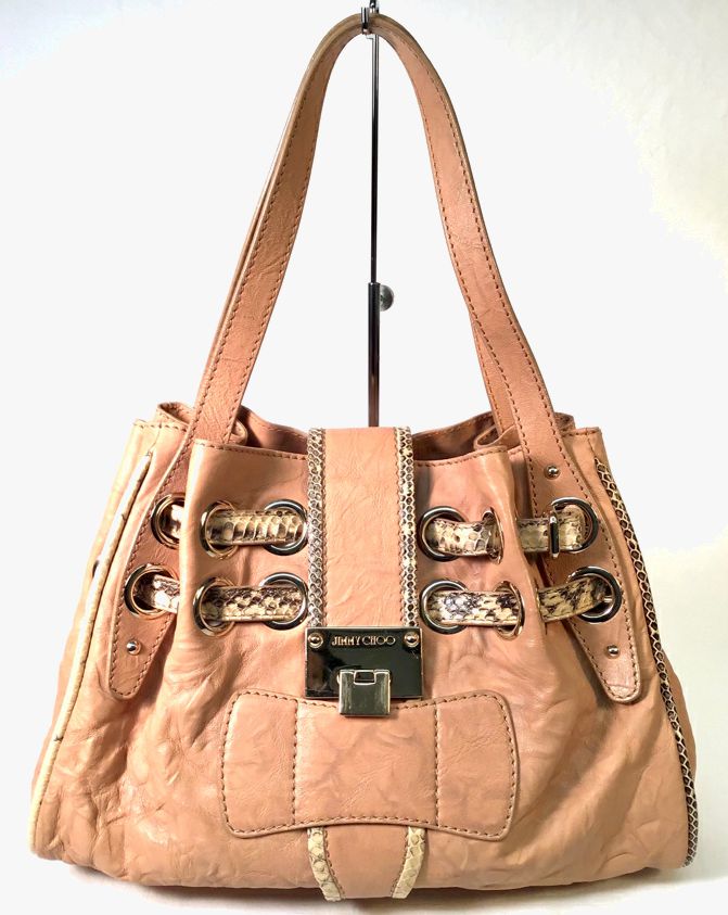 JIMMY CHOO Tan Leather Neutral Python Trim Small Ramona Shoulder Bag