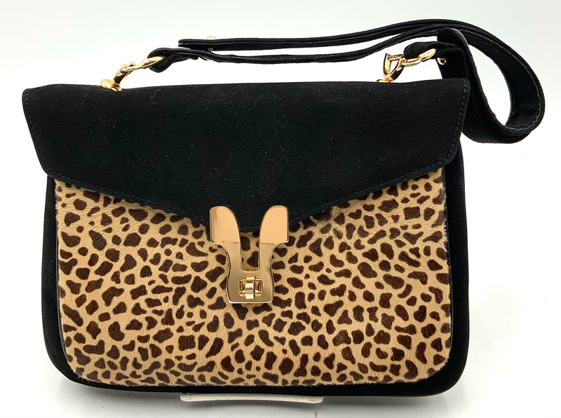 ROSINA FERRAGAMO Vintage Black Suede Tan/Brown Spotted Calf Hair Turnlock Bag