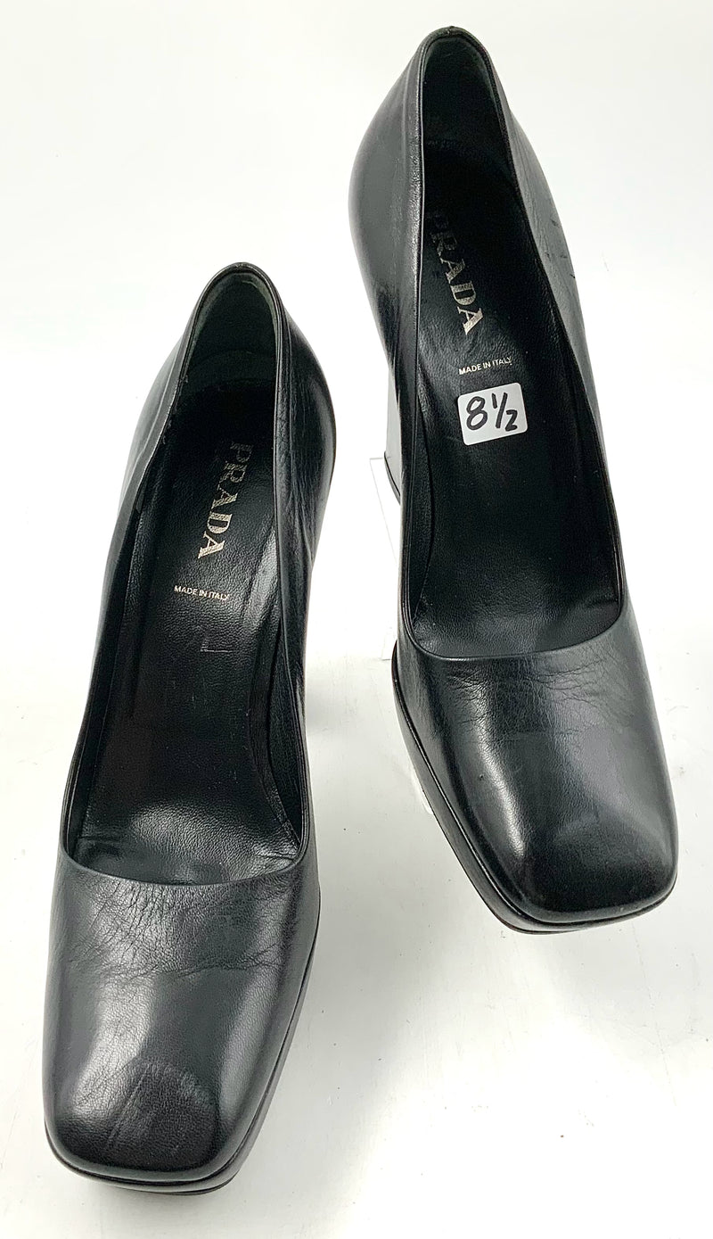 PRADA Black Leather Square Toe H/H Pumps 8.5