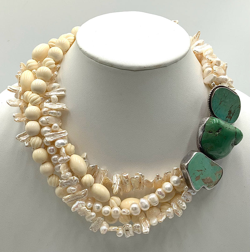 Rebecca Collins Sterling, Turquoise, Pearl & Bone 5-Strand Necklace