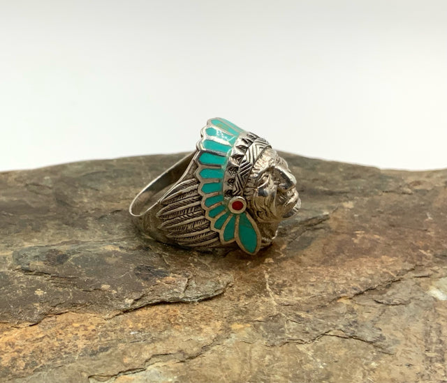 Sterling & Enamel Native American Chief Motif Ring