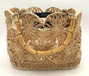 PETER BEATON Natural Woven Raffia Floral Cutout Bamboo Handle Bag