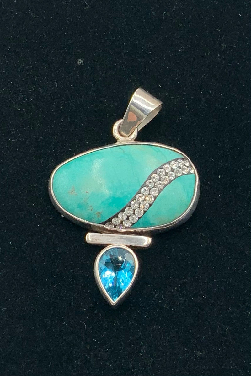 OBSIDIAN Sterling, Turquoise,  Blue Topaz & CZ Pendant