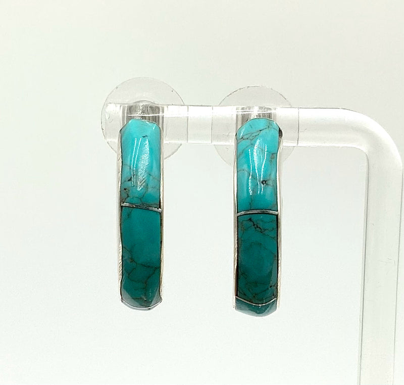 MEXICO STERLING & Turquoise Inlay Hoop Earrings