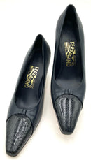 SALVATORE FERRAGAMO Navy Leather Reptile Accent Pointed Toe Pumps 7.5